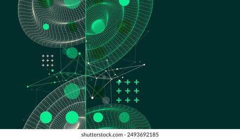 Template for science and technology presentation. Wireframe waves. Plexus style background.