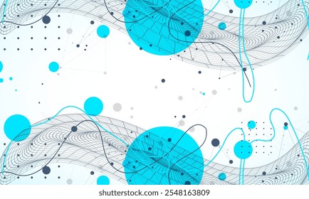 Template for science and technology presentation. Wireframe waves. Plexus style background. Hand drawn vector.