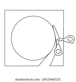 Template scissors with a plastic handle cutting a circle out of paper. Black and white. Vector illustration for coloring book, print.