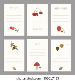 Template for scrapbooking, diary, notebooks. Set of greeting cards, brochures, covers. Thank you, save the date, RSVP.  Hand draw autumn vector elements for design. Kids illustration.
