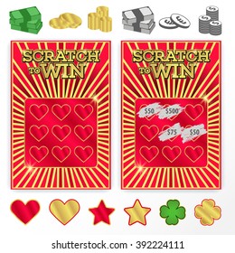 Template scratch ticket to win. Illustrations of coins, bills, gold and other symbols for their tickets. Vector