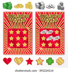 Template scratch ticket to win. Illustrations of coins, bills, gold and other symbols for their tickets. Vector