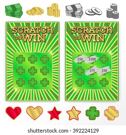 Template scratch ticket to win. Illustrations of coins, bills, gold and other symbols for their tickets. Vector