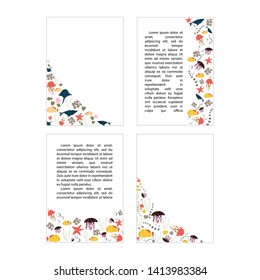 Template with sea animals. Article backgrounds with fish, whale, seaweed, starfish. Cartoon vector illustration in flat style