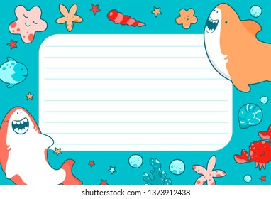 Template of sea childrens round frame, cute sea illustrations, cartoon shark and funny characters.