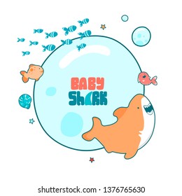 Template of sea childrens round frame, cute sea illustrations, cartoon shark and funny characters.