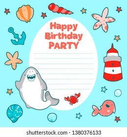Template of sea childrens round frame, cute sea illustrations, cartoon shark and funny characters.
