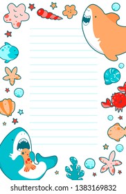 Template of sea childrens round frame, cute sea illustrations, cartoon shark and funny characters.