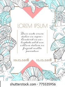 Template with sea elements. Composition with shells. Vector illustration. Happy birthday card. 