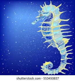 Template with sea horse and bubbles on blue background. Vector