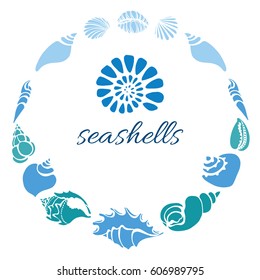 Template of sea shells in circle on white background. Starfish, shell, conch, spiral, helix. Undersea world. Place for text. Vector shape. Illustration for design, greeting card, wallpaper, background