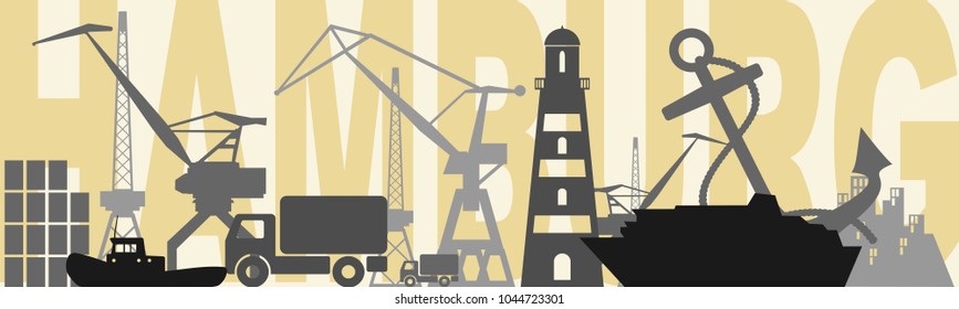 Template with sea shipping and travel relative silhouettes.. Calligraphy inscription. Hamburg city name text