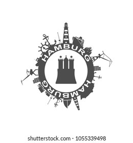 Template with sea shipping and travel relative silhouettes. Hamburg city name text and element from coat of arms