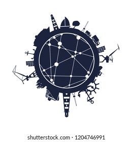 Template with sea shipping and travel relative silhouettes.