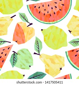 Template seamless pattern with lemons, pears, apples and watermelon. Watercolor effect