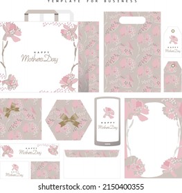 Template with seamless pattern of pink carnations vector illustration. Letterheads, envelopes, shopping bag, web banners, price tags, wrapping paper and mini bag. Cursive characters for Mother's Day.