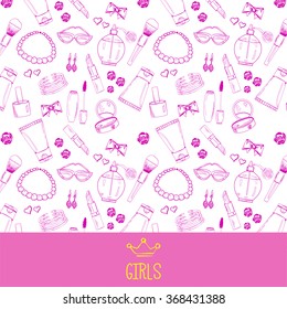 Template with seamless pattern and place for text. Women's accessories and cosmetics.