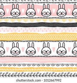 Template of seamless pattern with rabbits. Can be used as background, packaging paper, cover, fabric and etc. Freehand drawing