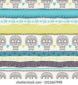 Template of seamless pattern with skulls. Can be used as background, packaging paper, cover, fabric and etc. Freehand drawing