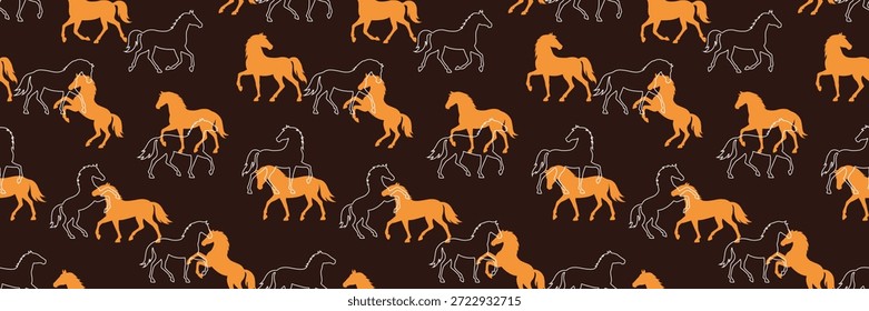 Plantilla de patrón sin fisuras con siluetas de caballo blancas y doradas sobre fondo marrón. Fondo de pantalla lujoso sin fin, impresión con equinos como signo de fuego del zodiaco para el año Nuevo chino 2026 y Navidades