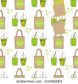 Template for seamless pattern with Zero waste concept. No plastic elements of eco life: reusable paper,  glass, jars. Vector go green, bio logo or sign. Organic design textile