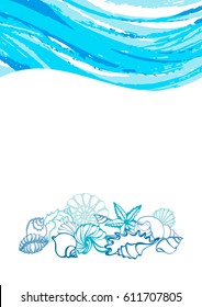 Template of seashells. Shell, conch, starfish, spiral, helix. Undersea world. Place for text. Vector shape illustration for design, greeting card, wallpaper, background hotels and fish taverns