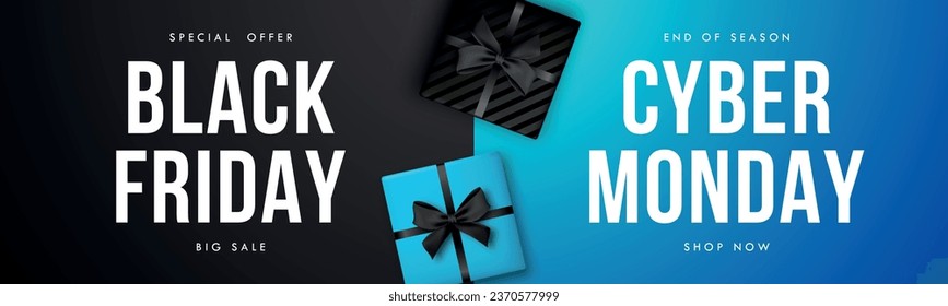 Template for seasonal sale Black Friday and Cyber Monday. 3d black and blue realistic gift boxes and text. Stock vector illustration.