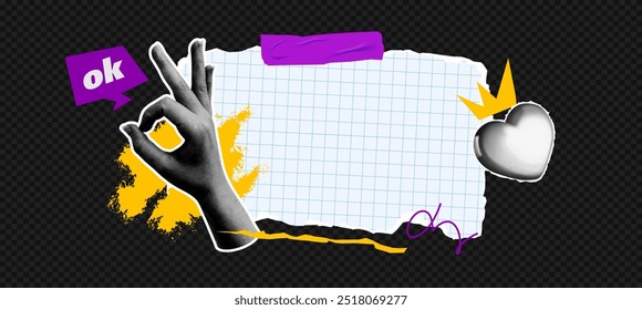 The template is secured with decorative tape. Set of torn notebook papers with collage elements, halftone hands, stickers, and Scotch tape. Bright-colored doodle elements and a cut-up heart.