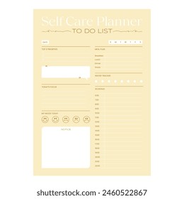 Template of self care journal for tracking your daily routine, mood , weekly and daily trackers, planner. Trendy colors, printable blank for organize taks and schedule, track goal progress, to do list