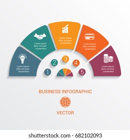 Ficheros semicirculares de plantilla numerados para 5 opciones. La ilustración vectorial puede utilizarse como gráfico, diagrama, gráfico, flujo de trabajo, presentación empresarial