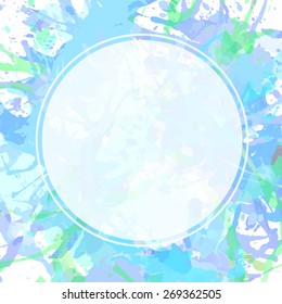Template with semi-transparent white circle over blue pastel colored artistic paint splashes, ready for your text.