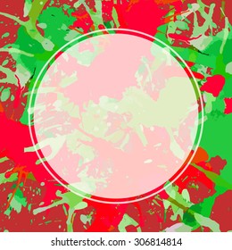 Template with semi-transparent white circle over bright colorful red and green artistic paint splashes, ready for your text.