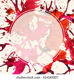 Template with semi-transparent white circle over bright red colorful artistic paint splashes, ready for your text.