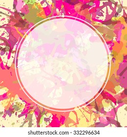 Template with semi-transparent white circle over bright colorful artistic paint splashes, ready for your text.