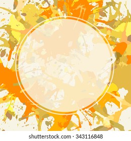 Template with semi-transparent white circle over bright orange colorful artistic paint splashes, ready for your text.