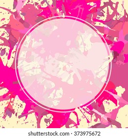 Template with semi-transparent white circle over bright pink colorful artistic paint splashes, ready for your text.