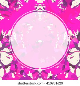 Template with semi-transparent white circle over bright pink colorful artistic paint splashes, ready for your text.
