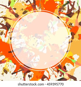 Template with semi-transparent white circle over bright orange colorful artistic paint splashes, ready for your text.