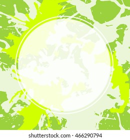 Template with semi-transparent white circle over bright green colorful artistic paint splashes, ready for your text.