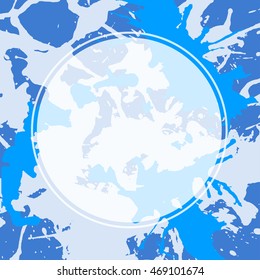 Template with semi-transparent white circle over bright blue colorful artistic paint splashes, ready for your text.