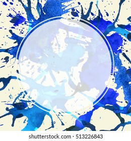 Template with semi-transparent white circle over bright blue colorful artistic paint splashes, ready for your text.