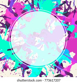 Template with semi-transparent white circle over bright pink and aqua colorful artistic paint splashes, ready for your text.