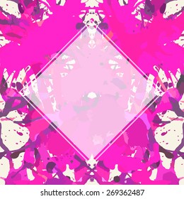 Template with semi-transparent white square over bright pink colorful artistic paint splashes, ready for your text.