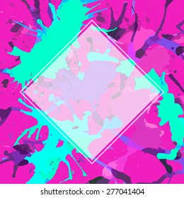 Template with semi-transparent white square over bright colorful pink and turquoise green artistic paint splashes, ready for your text.