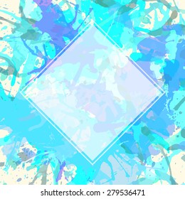 Template with semi-transparent white square over pastel colored blue artistic paint splashes, ready for your text.
