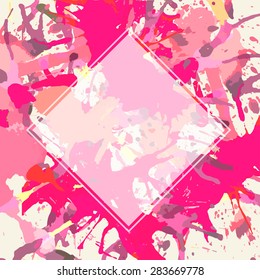 Template with semi-transparent white square over bright pink colorful artistic paint splashes, ready for your text.