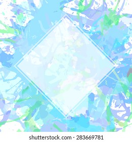Template with semi-transparent white square over pastel colored blue artistic paint splashes, ready for your text.