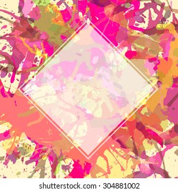 Template with semi-transparent white square over bright pink and orange colorful artistic paint splashes, ready for your text.