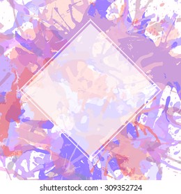 Template with semi-transparent white square over pastel purple artistic paint splashes.