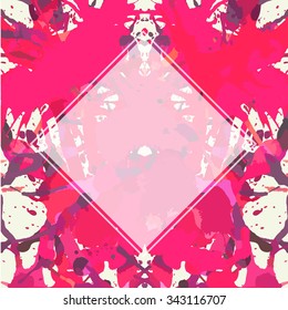 Template with semi-transparent white square over bright pink colorful artistic paint splashes, ready for your text.